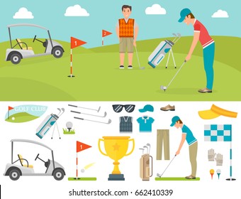 Vector set of stylized golf icons hobby equipment collection cart golfer player sport symbols