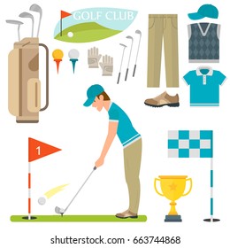 Vector set of stylized golf icons hobby equipment collection cart golfer player sport symbols