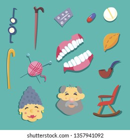 Vector set of stylized granny icons. Jaws, grandmother, grandfather, knitting needles, clew, glasses, pills, pie
