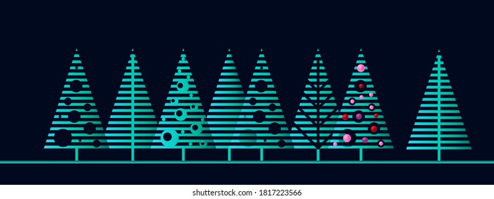 Vector set of stylized green Christmas trees. Winter background.