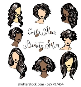 vector set of stylized hairstyles girls, set of trendy hairstyles for curly hair for stylish women, a set of logos for hair salon