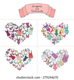 Vector set of stylized hearts with hand drawn fashionable lingerie and swimsuits on white background. Background for use in design, web site, packing, textile, fabric