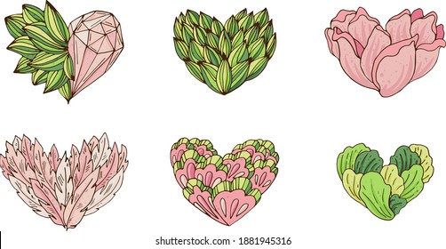 Vector set of stylized hearts with plants, feathers and crystals in green and pink tones.
