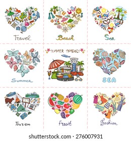 Vector set of stylized hearts with summer symbols on white background. Background for use in design, web site, packing, textile, fabric