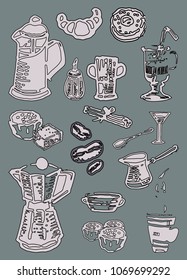 Vector set of stylized images of kitchen utensils and accessories for bars and restaurants