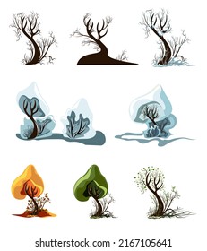 Vector set of stylized images of trees in different seasons. Cartoon style. Isolated on white background. EPS 10
