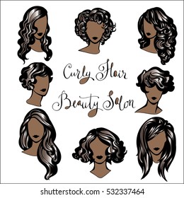 vector set of stylized logo with hairstyles black women, a set of trendy hairstyles for curly hair for stylish women