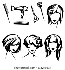 vector set of stylized logo with women's hairstyles and hairdressers tools, a collection of stylish, fashionable hairstyles for short hair for beauty