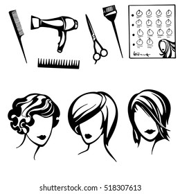 vector set of stylized logo with women's hairstyles and hairdressers tools, a collection of stylish, fashionable hairstyles for short hair for beauty