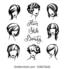 vector set of stylized logo with women's hairstyles, stylish collection of fashionable hairstyles for short hair for beauty