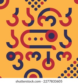 Vector set of stylized multicolored red and blue letters of Georgian alphabet on bright yellow background. Bauhaus style poster. Minimalistic banner. Learning language of Georgia. Retro pattern. Print