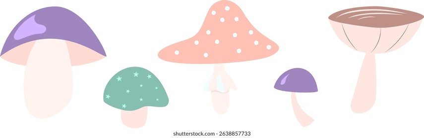 Vector set of stylized mushrooms in a flat, whimsical style, pastel colors. Perfect for forest-themed designs, children’s projects, packaging, stickers, and botanical illustrations.