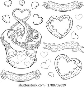 Conjunto vectorial de estilizado postre de pulpo, galletas con forma de corazón, cintas estampadas y corazones pequeños. Ilustraciones de arte en línea para tu Día de San Valentín, fiesta náutica o de cumpleaños y otros diseños de ficción