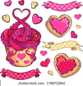 Vector set of stylized octopus dessert, heart shaped cookies, patterned ribbons and small hearts. Illustrations for your Valentine’s Day, nautical or birthday party and other fiction designs.