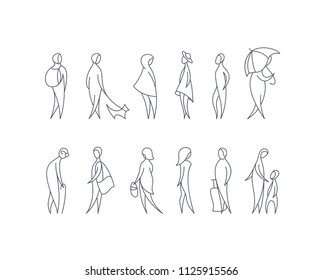 Vector set of stylized people figures, outline men and women in different poses. 