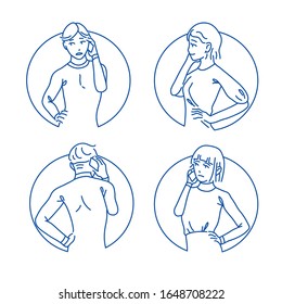 Vector set of stylized people figures, outline man and women with smartphone
