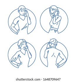 Vector set of stylized people figures, outline man and women with smartphone