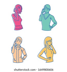 Conjunto de vectores de figuras estilizadas de personas, hombres y mujeres con smartphone