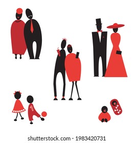 Vector set of stylized people figures. Couples of different ages. Minimalistic drawings.