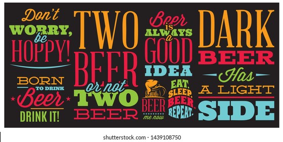 Vector set of stylized quotes on the topic of beer. Color text on a black background.