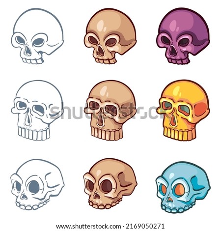 Vector Set of Stylized Skull Icons. Line and Cartoon Illustrations.