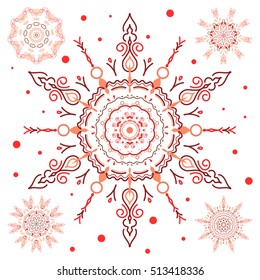 Vector set of stylized snowflakes. Winter, New Year, Christmas simple design on a white background. Snow crystal regular texture on red colors.