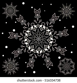Vector set of stylized snowflakes. Winter, New Year, Christmas simple design on a black background. Snow crystal regular texture on gray colors.