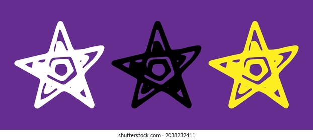 Conjunto de vectores de una estrella estilizada. Doble contorno aislado de una estrella con un pentágono interior en forma de doodle, negro, amarillo y blanco sobre un fondo morado para una plantilla de diseño. elemento mágico. Conjunto de vectores