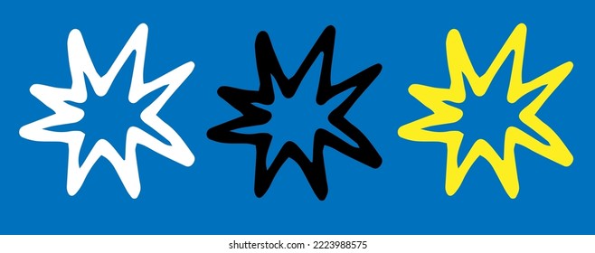 Vector set of stylized stars. Isolated outline of a star in doodle style, black, yellow and white on blue for a design template. multipath doodle star