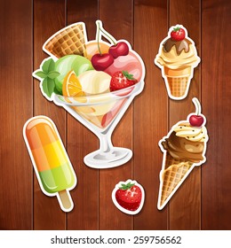 Vector set of stylized summer food icons on wood background.