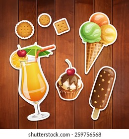 Vector set of stylized summer food icons on wood background. 