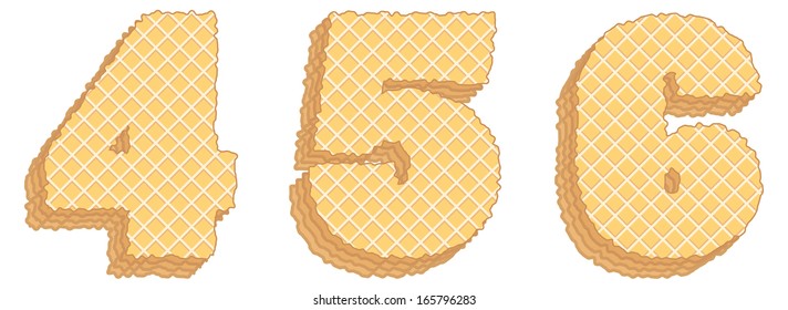 Vector set of stylized symbols consisting of stacked layers of wafers with cream inside.  Numerals 4, 5, 6 isolated on white background