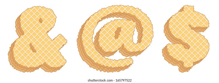 Vector set of stylized symbols consisting of stacked layers of wafers with cream inside.  Signs "and", email, dollar isolated on white background
