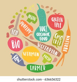Vector set of stylized vegetables with handwritten lettering in the form of circle on cardboard background. Poster, banner, sticker for eco, bio, organic, farm food.