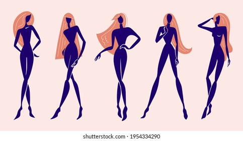 Vector estilizado de pie de mujer, pelo largo, figuras de silueta, modelos de moda. Concepto femenino, ilustración artística. Usar como afiche, imprimir para camiseta, elemento de diseño para productos de belleza. 