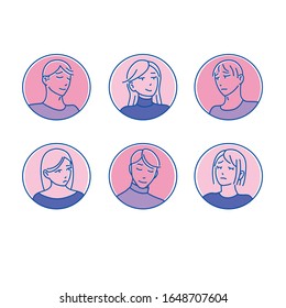 Vector set of stylized women and man illustrations,  color avatars. People faces