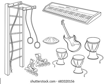 Vector set of subjects for a teenager's hobby - music and sport, harmonious development art and child's health, sport complex, skates, guitar, synthesizer, drums and hang  black in white background 
