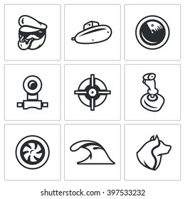 Vector Set of Submarine Icons. Captain, Boat, Radar, Periscope, Aim, Control, Torpedo, Dive, Sea Wolf. Scuba military armament of the country. Isolated symbols on a white background
