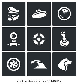 Vector Set of Submarine Icons. Captain, Boat, Radar, Periscope, Aim, Control, Torpedo, Dive, Sea Wolf. Scuba military armament of the country.