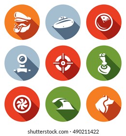 Vector Set of Submarine Icons. Captain, Boat, Radar, Periscope, Aim, Control, Torpedo, Dive, Sea Wolf.