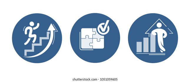 Vector set of success icons. Increasing graph with confident figure, running up career ladder, assembled puzzle with done tick.