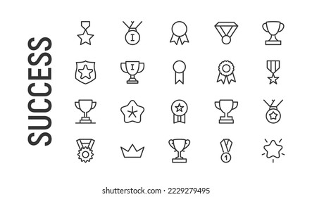 Vector set of success thin line icons. Design of 20 stroke pictograms. Signs of success isolated on a white background.