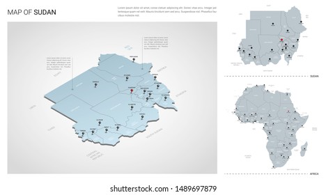 Vector set of Sudan country.  Isometric 3d map, Sudan map, Africa map - with region, state names and city names.