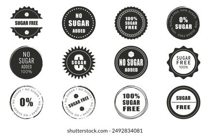 Vector set of sugar free icons. No sugar added label. Emblem for package product. Diabetic round sticker. Vector illustration