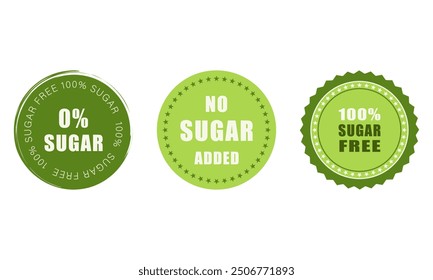 Vector set of sugar free icons. No sugar added label. Emblem for package product. Diabetic round sticker. Vector illustration