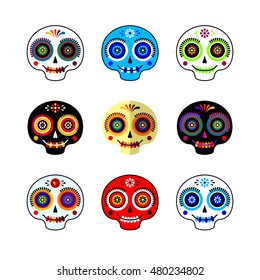 Vector set of sugar skulls in cartoon naive style isolated on white background. Traditional holiday in Mexico - Dia de los Muertos or Day of the Dead illustration.