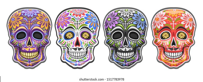 Vector set of Sugar Skulls for mexican Day of the Dead, collection of 4 cut out colorful human skulls with ethnic floral ornament for Dia de los Muertos carnival, cartoon smiling masks with mustache.