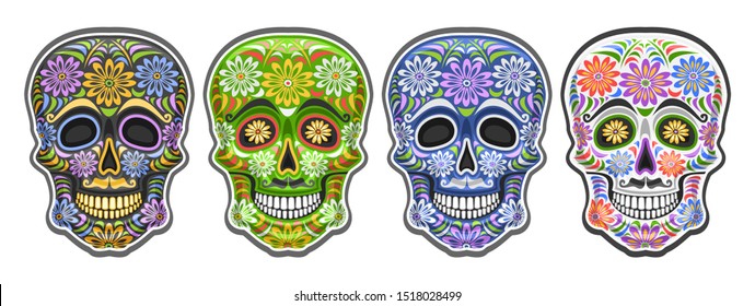 Vector set of Sugar Skulls for mexican Day of the Dead, group of 4 cut out colorful human skulls with decorative floral ornament for Dia de los Muertos festival, cartoon smiling masks with mustache.