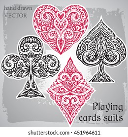 Vector set of suit black and red playing card with decorative ornament. Isolated objects on grey background