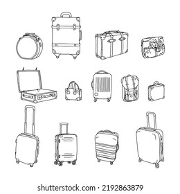 Vector con maletas, bolsas y mochilas para viajar. Distintos tipos de maletas de mano, maletas y bolsas dibujadas a mano en un estilo lineal. Para el diseño de anuncios, folletos, pancartas y carteles